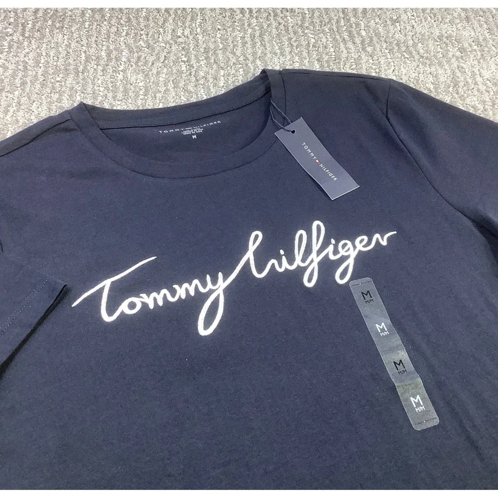 Tommy Hilfiger Blue Embroidered Signature Script‎ T Shirt Size M NWT